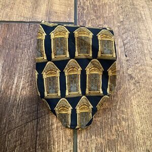 UNICEF Men Silk Necktie Black & Gold British Victorian Door Gothic Style C.1837